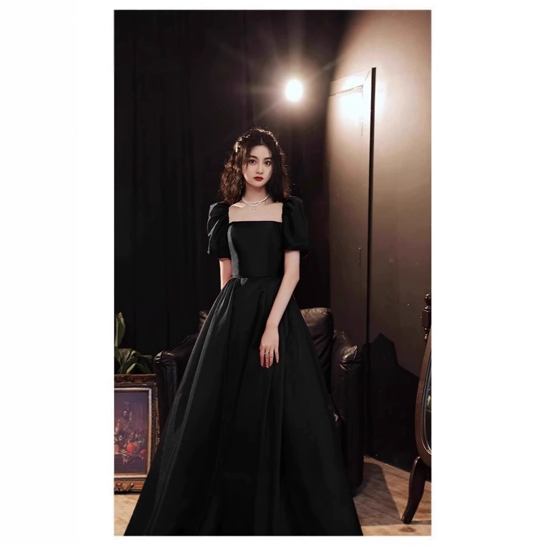 Black evening dress, long skirt, high-end, french style