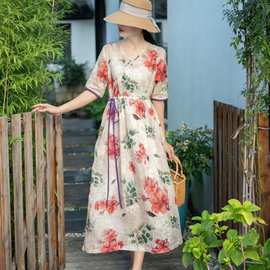2026夏季文艺宽松大码女装苎麻印花抽绳收腰过膝大摆长裙连衣裙