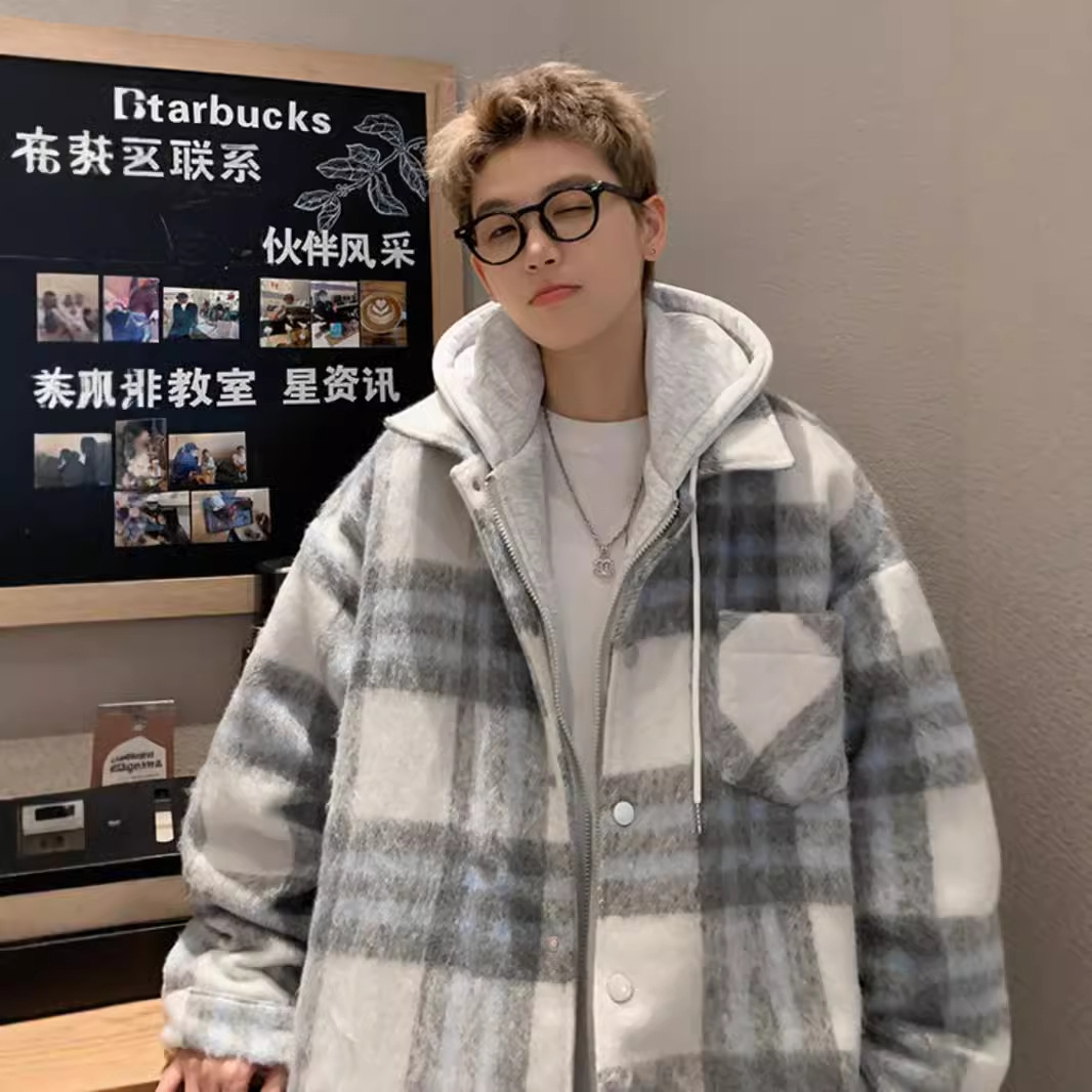 American-style two-piece plaid coat for men, new autumn and winter style, trendy, thick, warm, retro woolen hooded cotton coat.