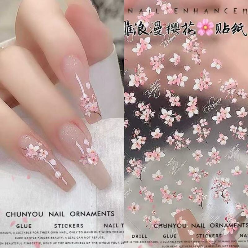 Nail Art New Cherry Blossom Sticker Spring Cherry Blossom Body Relief Decal Pink Tender Girl Heart Peach Blossom Spring Nail Sticker