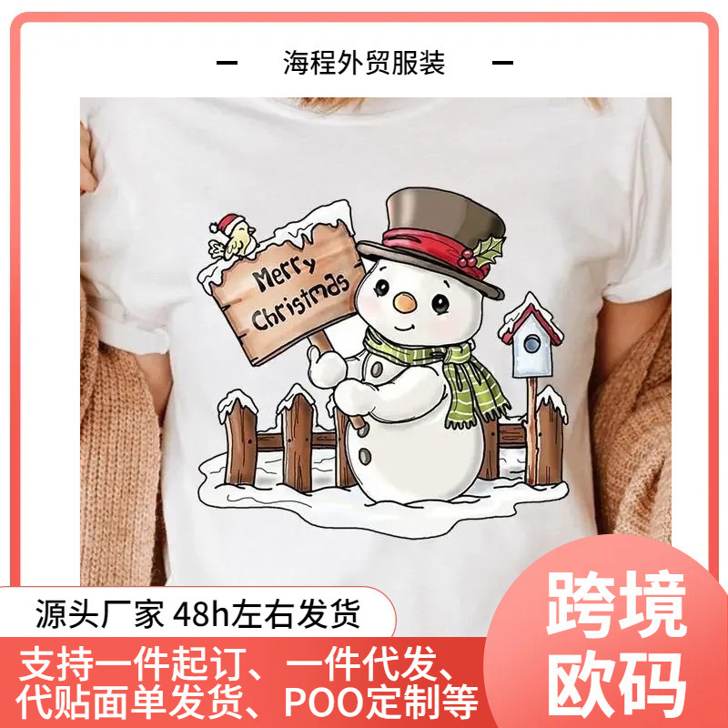 Maycarr Cute Snowman Merry Christmas Ladies T-Shirt Cartoon Pattern Printing Black T-Shirt 90S Fashion