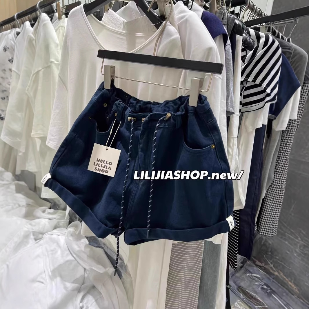 Summer 2025 New Stylish Versatile High-Waisted Denim Drawstring Elastic Wide-Leg Casual Shorts for Women