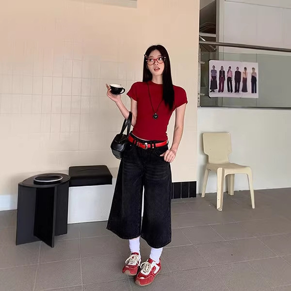 Vintage Black Slim-Fit Cropped Denim Pants for Women, Summer 2026 Style, Petite Loose Wide-Leg Pants