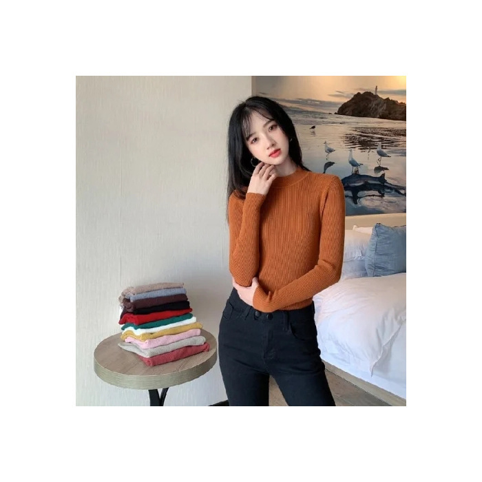 缤纷色彩长袖针织衫上衣女秋季新款内搭打底衫修身紧身半高领毛衣|undefined