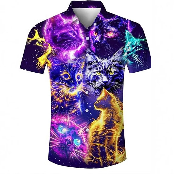 Divertido y creativo 3D impresión digital para hombres verano casual salvaje suelta camisa de solapa con botones de manga corta en stock