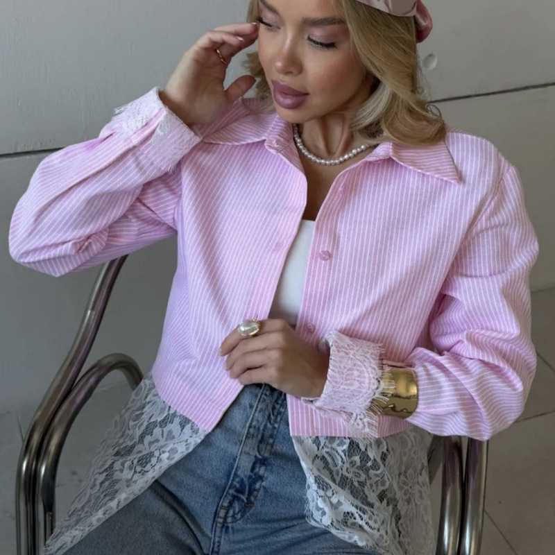 Korean-Style Pink and White Striped Lace Patchwork Shirt for Women, Loose Fit, Gentle and Age-Reducing, Suitable for Daily Commuting, Two-Way Wear Top Korean-Style Pink and White Striped Lace Patchwork Shirt for Women, Loose Fit, Gentle and Age-Reducing, Suitable for Daily Commuting, Two-Way Wear Top