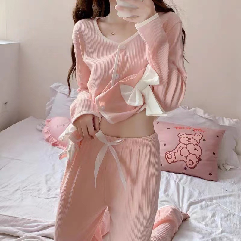 长袖韩版睡衣女2022秋冬季坑条蝴蝶结性感可爱少女大码家居服套装