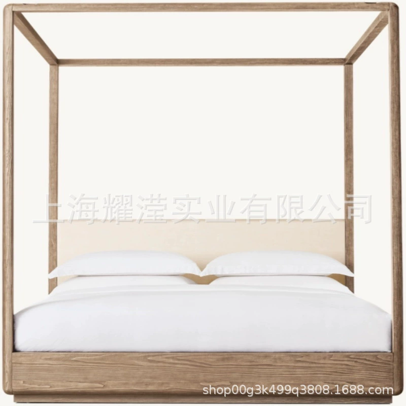 Кровать RH American из массива дуба, большая кровать во французском ретро-стиле, легкая роскошная кровать с четырьмя стойками, кровать в скандинавском стиле с москитной сеткой и прозрачной занавеской.