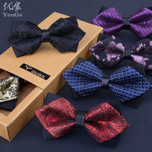 Manufacturer Cross-Border Double-Layer Striped Bow Men's Formal Business Groom Wedding Black Burgundy Bow Tie British Style