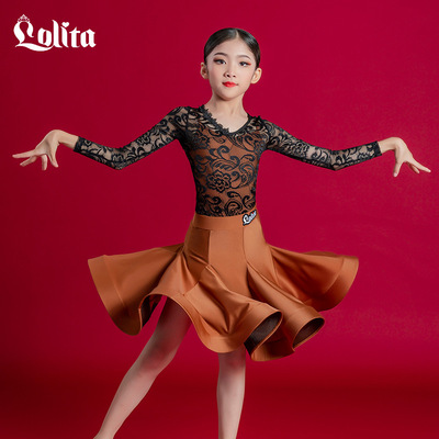 Girls Black and Brown Lace Latin Dance dresses latin ballroom stage Performance Costumes for kids Lace latin Performance clothes