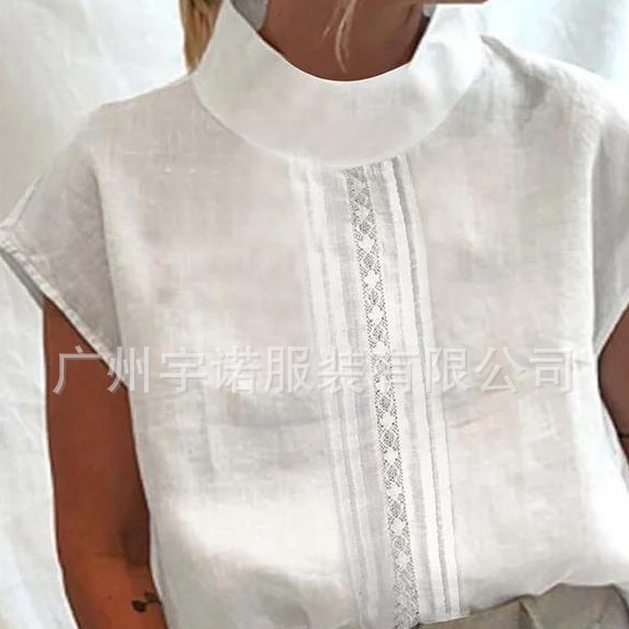 2022亚马逊欧美新爆款wish时尚镂空设计棉麻花边短袖衬衣