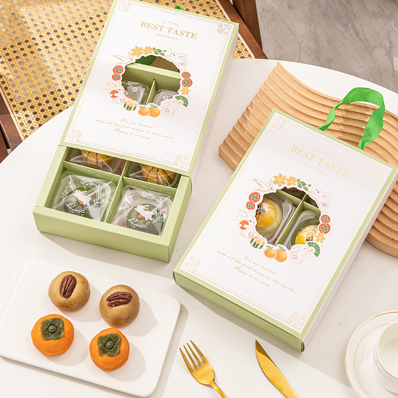 中秋月餅禮盒森系綠豆糕包裝盒蛋黃酥盒子桃酥糕點包裝六格手提盒