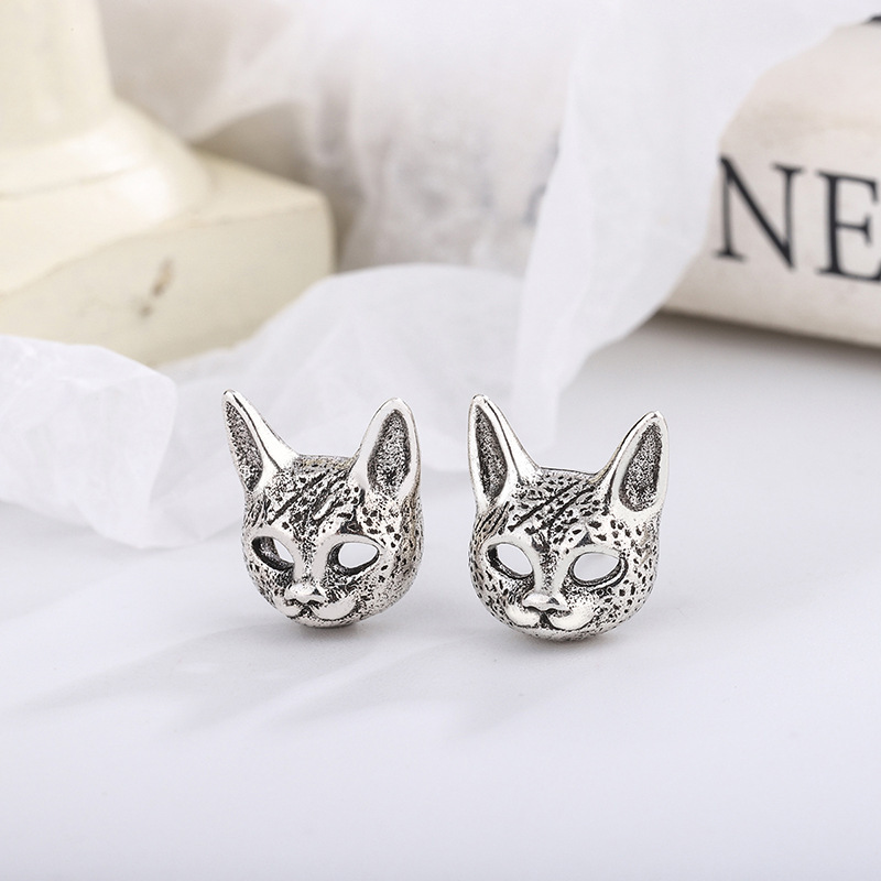 Sphynx Cat Earrings Vintage Thai Silver Dark Style For Men_voghion.com