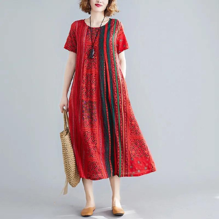 2023夏は氷の糸のゆったりした半袖のプリントのワンピースの中の長いタイプのお母さんの服の復古の文芸の気質の長いスカートをまねます。|undefined