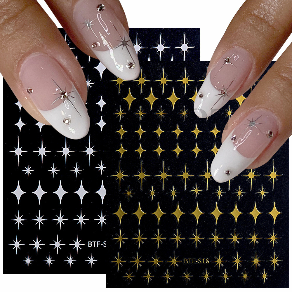 2023 New Nail Art Sticker Spelling Evening Hot Simple French Brilliant Four-Corner Star Sun Backed Adhesive Flat Sticker