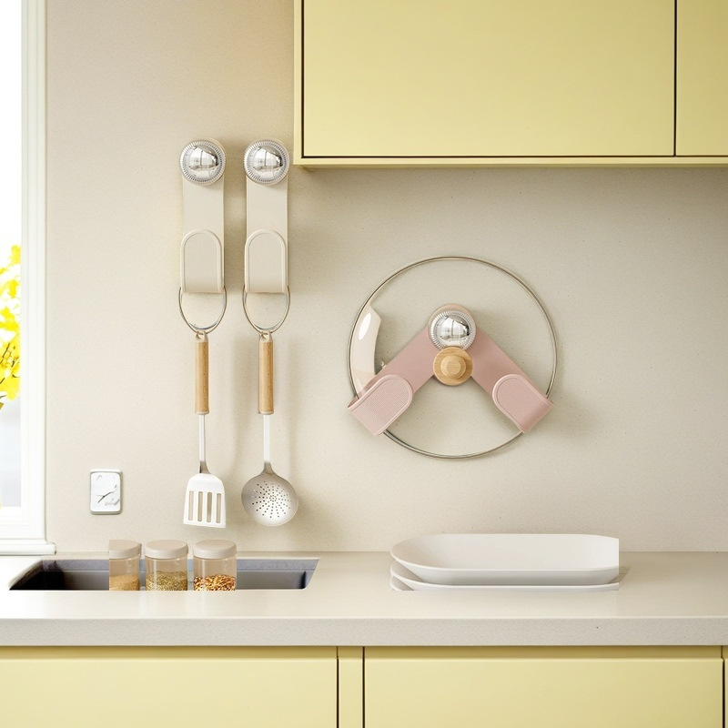 Kitchen cream style multi-function suction cup pot lid storage rack…