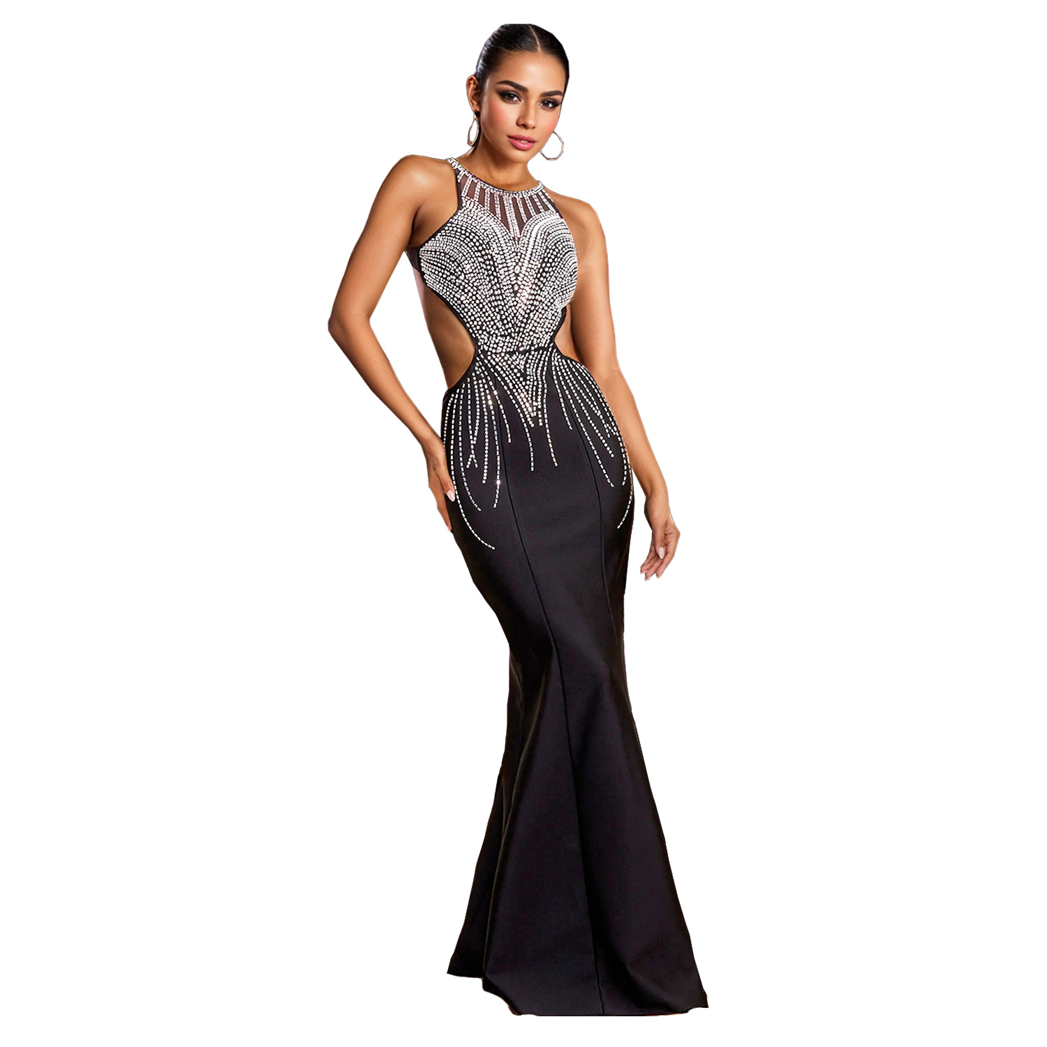 C7122 Aliexpress transfronterizo Amazon Europa y América moda femenina delgada cola de pescado vestido de diamante caliente vestido de espalda descubierta image 7