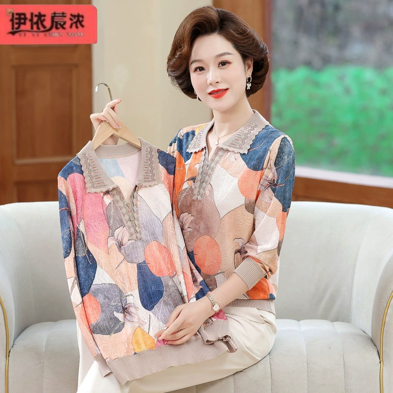 Одежда для женщин среднего возраста, Весенний новый топ с лацканами и длинными рукавами, нижний топ для 50-летней мамы, приятный для кожи Мягкий Топ, пуловер с принтом