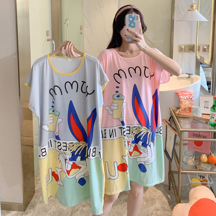 Camisón de las mujeres del verano Delgado manga corta nueva línea rojo estilo pijamas dibujos animados lindo señoras vestido flojo desgaste hogar