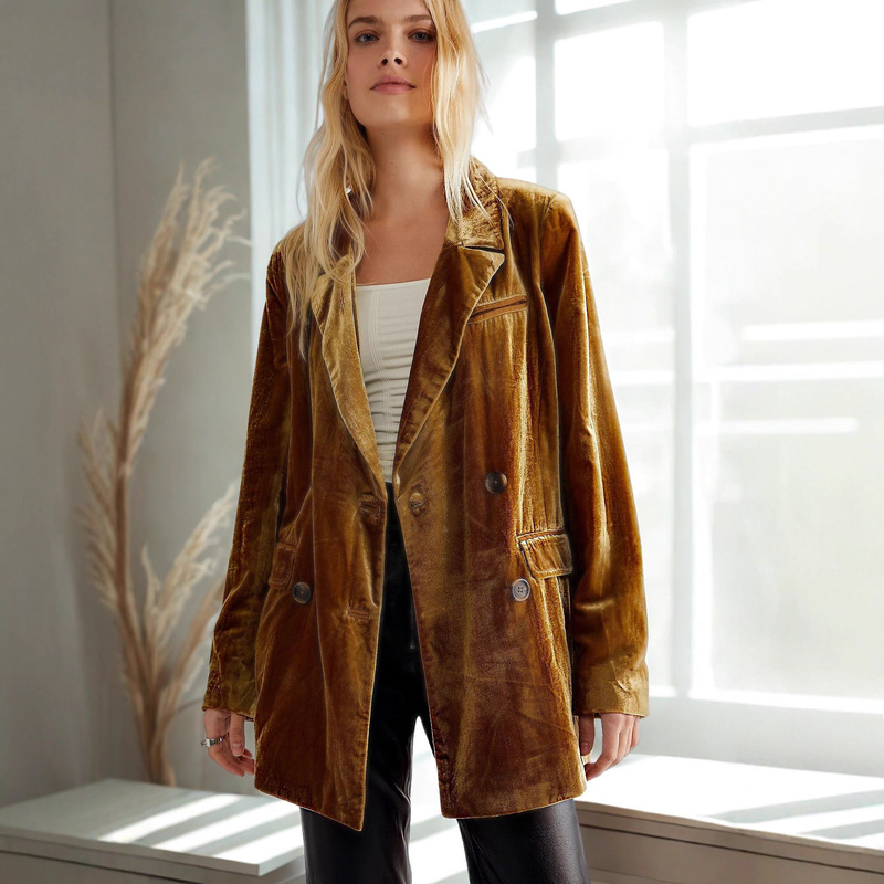 Independent Station European and American Women's Suit 2025 Autumn and Winter New Long-Sleeved Loose Pure Color Gold Velvet Mid-Length Jacket for Women
