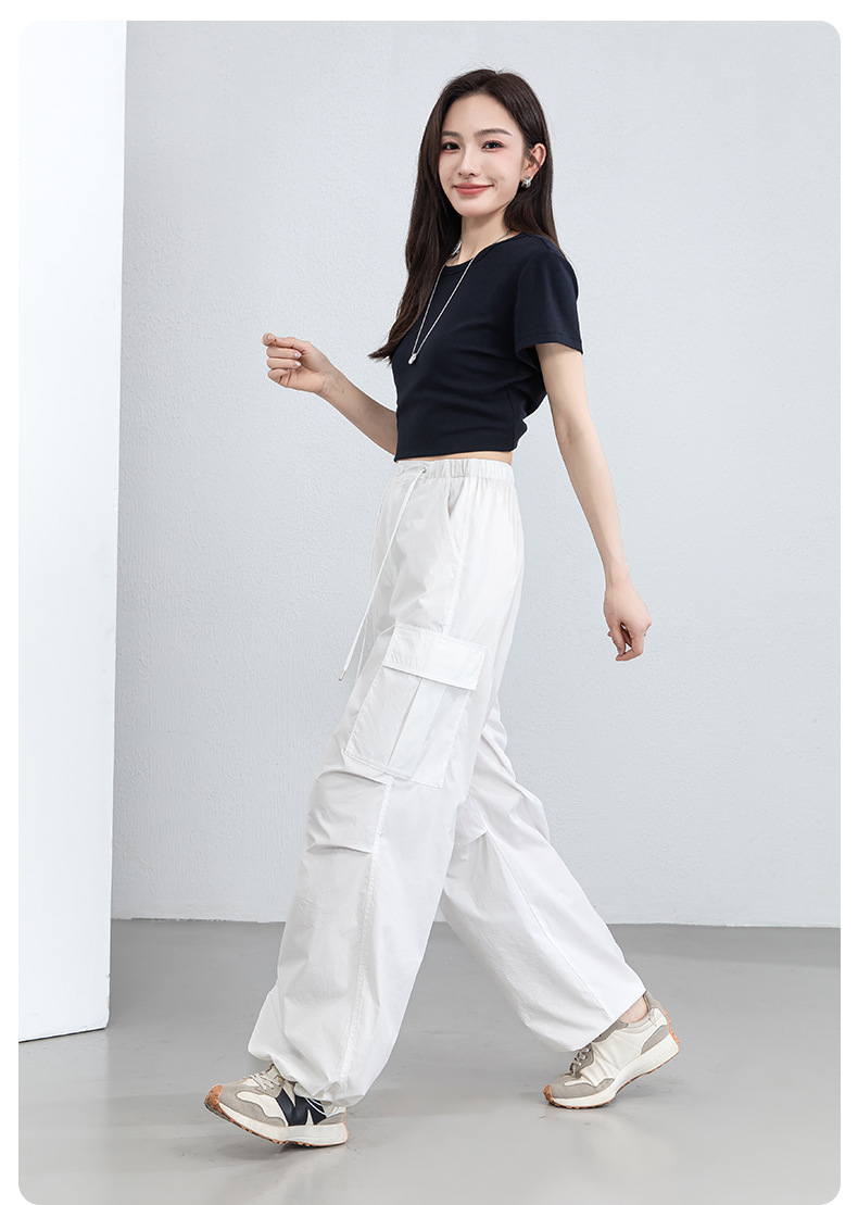 Quần ống rộng nữ cạp cao dây rút chất liệu nhẹ thoáng khí chống nắng — màu trắng chi tiết 25