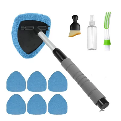 Car cleaning tools: Wiper, Car Window Cleaning Tool - 7-light-blue-cloth-covers-1-set-of-b-type-plastic-parts-1-green-and-white-air-conditioning-brush-1-spray-bottle-1-detail-brushpe