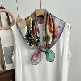 春秋季中国风森系油画花卉70小方巾天丝美丝巾女百搭妈妈围巾护颈