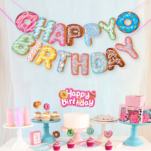 Spot happybirthday Donuts Happy Birthday Party Theme Decorative Supplies Flag Banner Insert