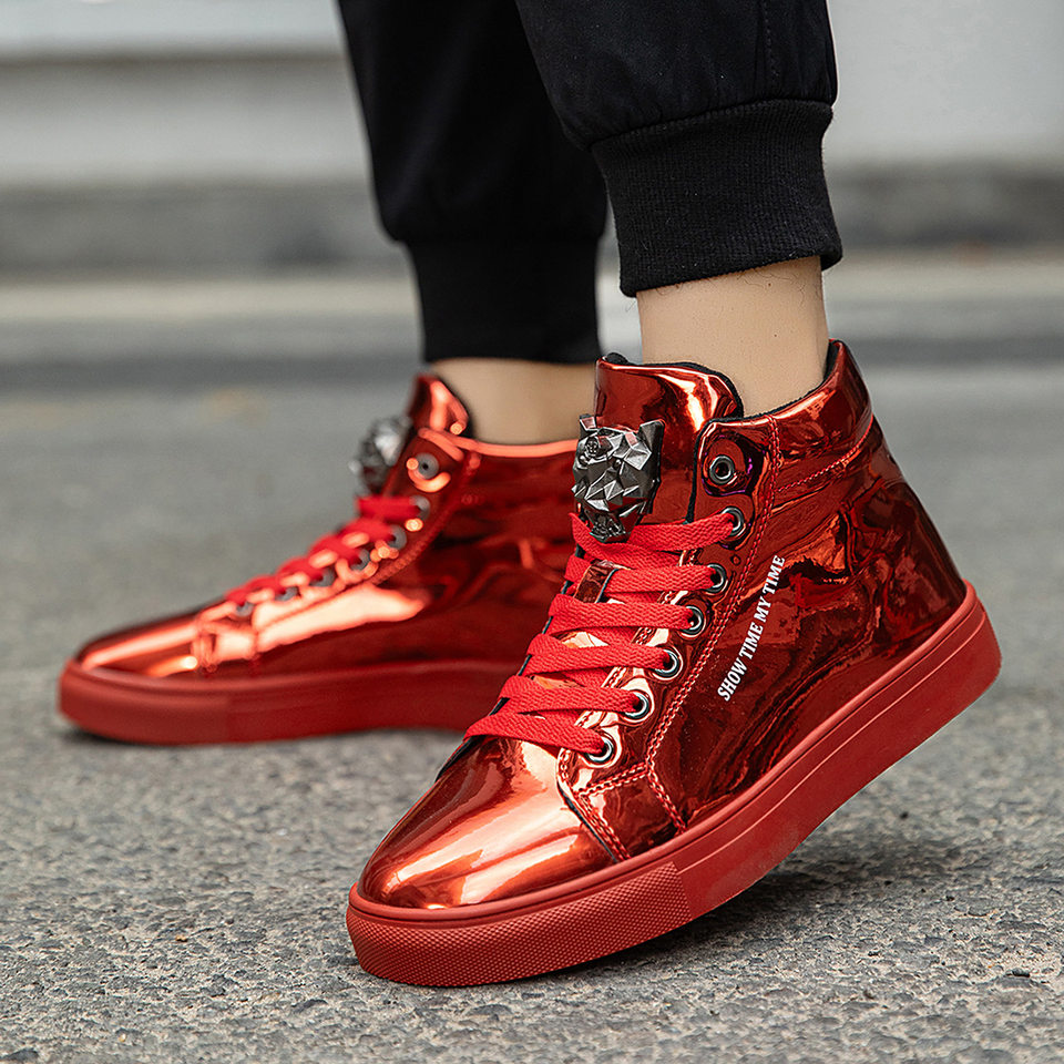 Giày sneaker nam cổ cao da bóng phong cách Hàn Quốc, giày thể thao thời trang cá tính — Bạc, màu xanh, màu đen, màu đỏ chi tiết 23