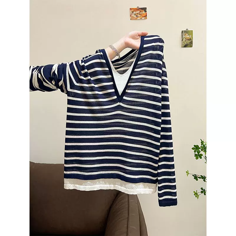 假两件长袖t恤内搭打底衫女2025新款连帽卫衣条纹针织帽衫女上衣