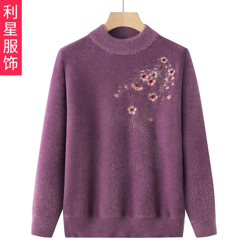Женский свитер среднего возраста с высоким воротом и цветком из норковой шерсти, утолщенный вязаный свитер на флисовой подкладке для мамы среднего и пожилого возраста для бабушки