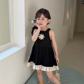 麦田季韩版女童挂脖花朵连衣裙儿童法式甜美花边吊带裙宝宝公主裙