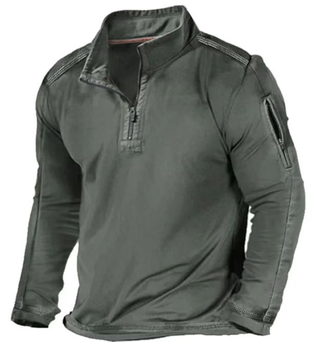 Primavera y otoño Comercio exterior más tamaño de los hombres al aire libre bolsillo con cremallera media cremallera cuello táctico de manga larga Camiseta suéter casual
