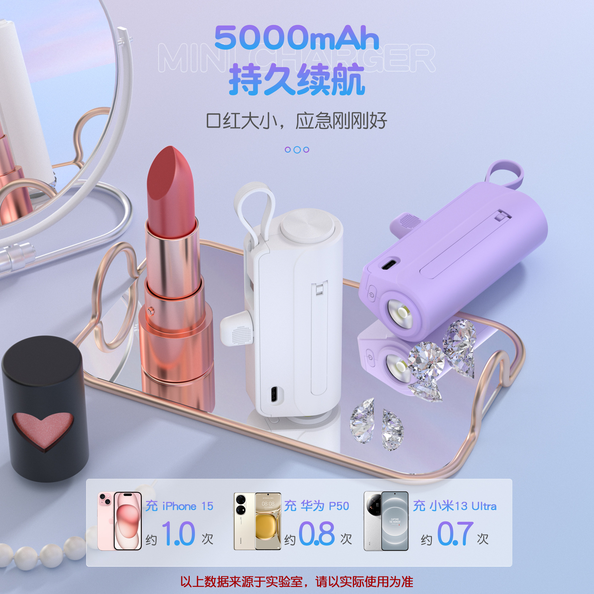 KC認證迷你膠囊充電寶5000毫安小巧便攜自帶線帶支架帶燈移動電源