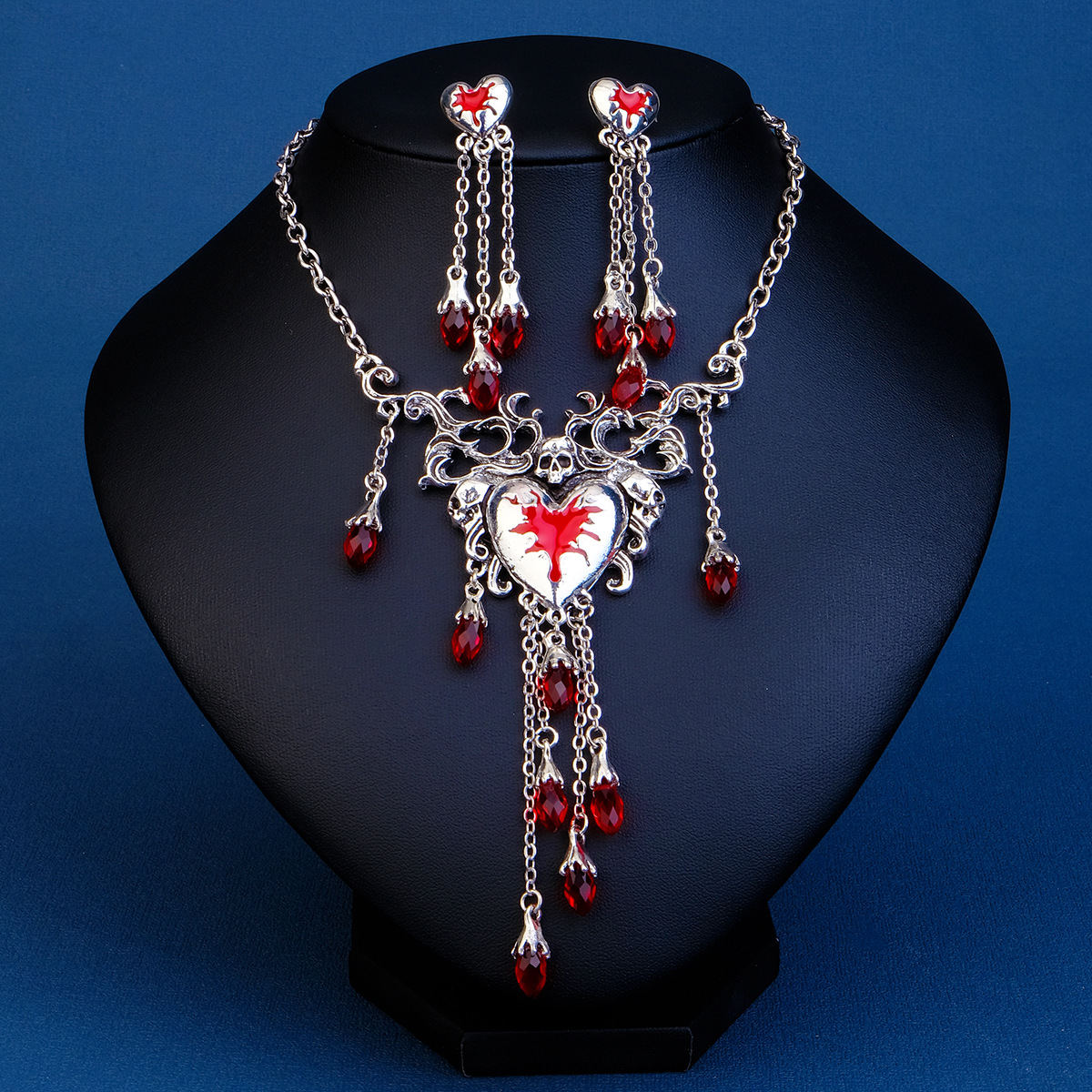 Hot Sale Halloween Jewelry Necklace Set Exaggerated PROM Party Dress Up Red Heart Skull Earrings Necklace 2-piece Set_voghion.com