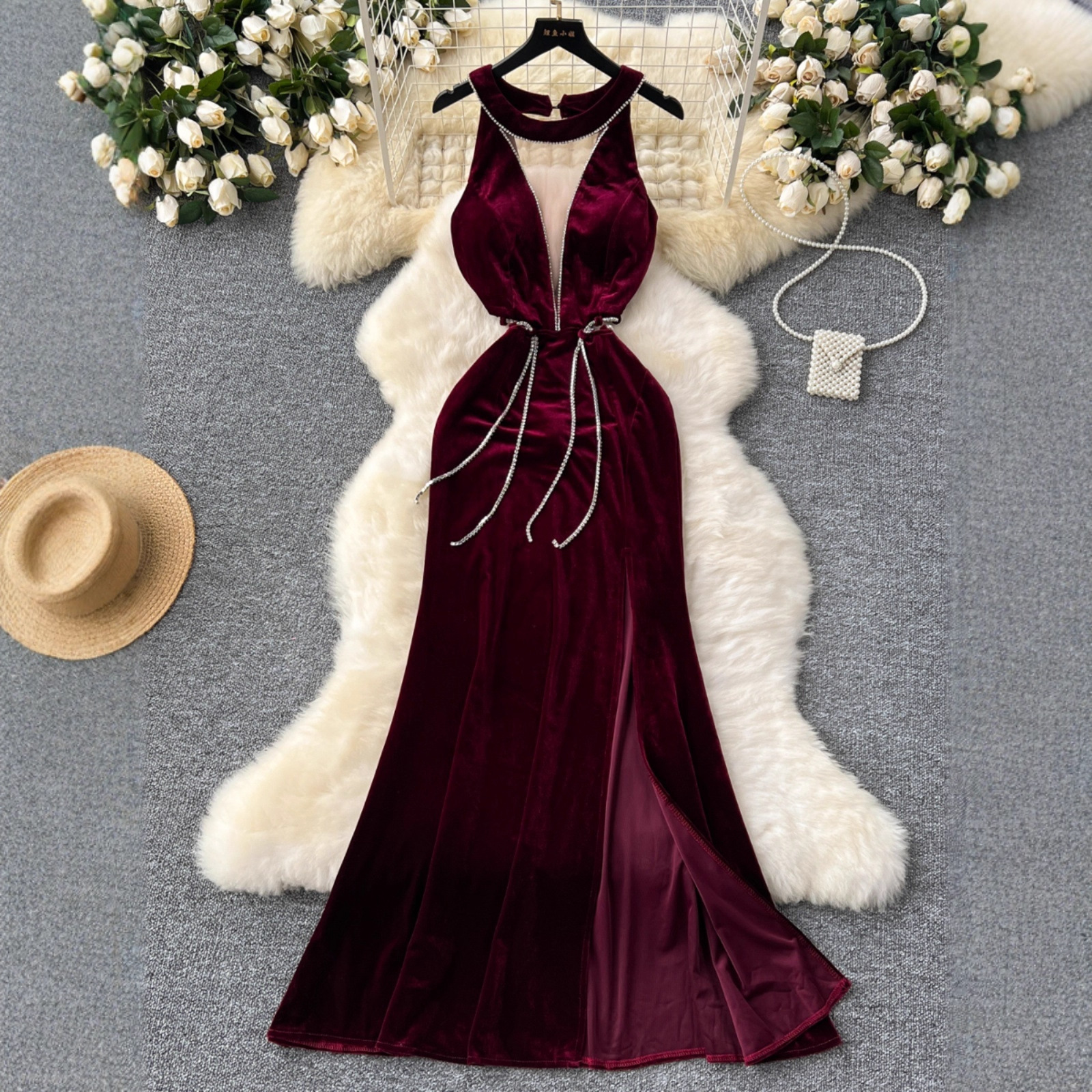 Carefully Selected Evening Dress for Women, Sexy Deep V-Neck, See-Through Mesh Splicing, Diamond Slit Velvet Fishtail Skirt