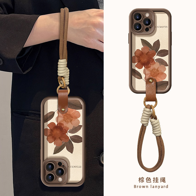 Oil Painting Watercolor Flower Lanyard Suitable for Apple 16Pro Lambskin Mobile Phone Case 15/14Plus Silicone Anti-Fall 13 Women