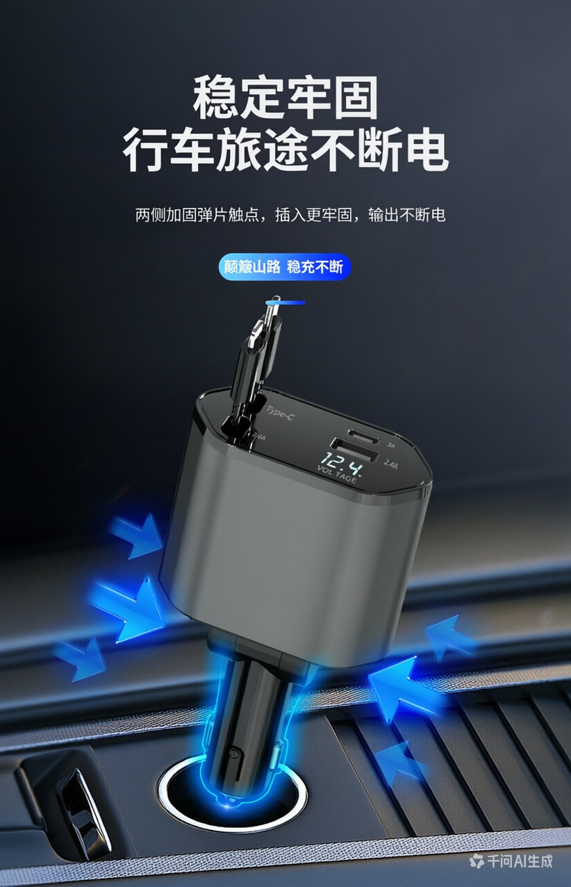 120W Super Fast Charging Car Phone Charger with Retractable Cable, Aluminum Alloy, Digital Display, Universal Car Accessory