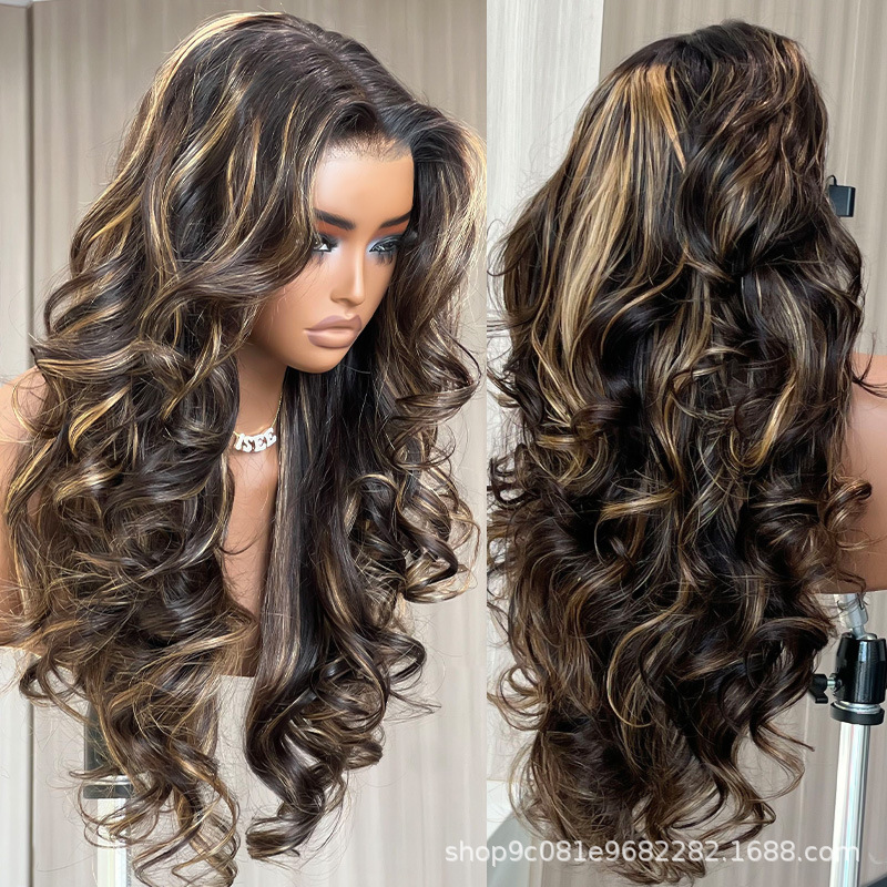 Mixed color high-gloss light brown Parisian ombre synthetic fiber wig with front lace and high-definition lace