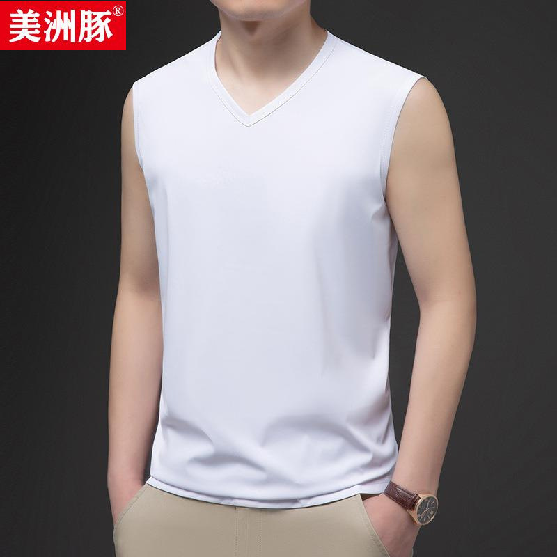 Summer Ice Silk Vest Men's Wide Shoulder Base Shirt Sleeveless Solid Color Thin Top Large Size Sports Seamless V-neck Waistcoat
