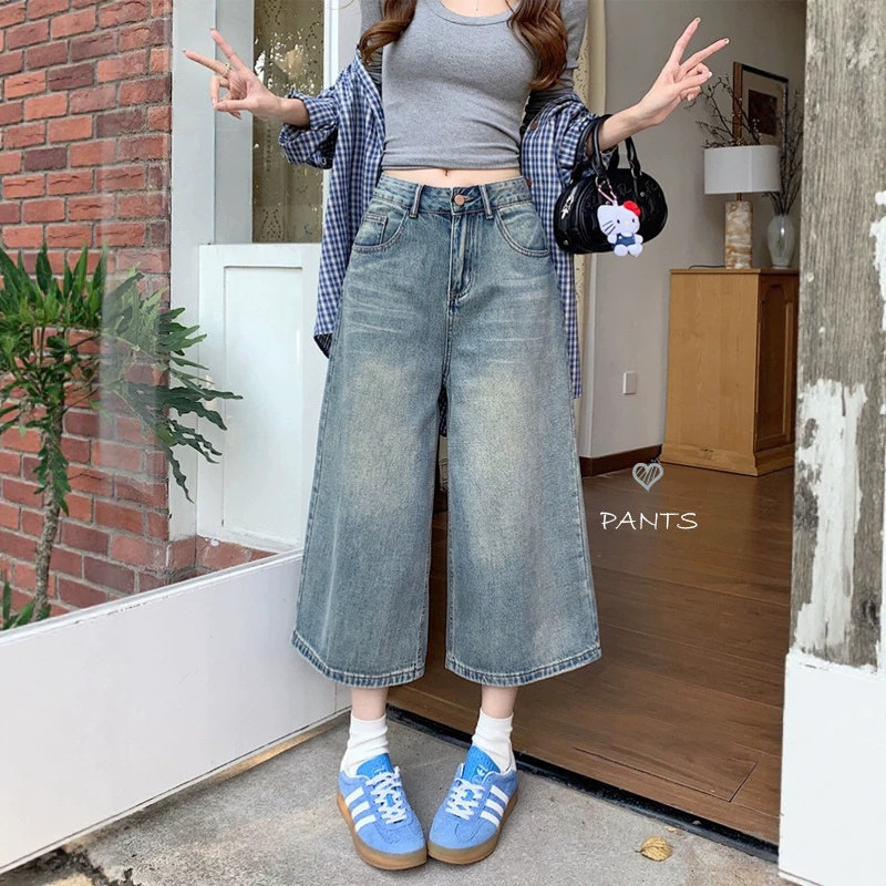 Light-Colored Vintage Washed Cropped Jeans for Women, 2026 Summer Thin High-Waisted Straight Pants, Mid-Length Pants, Eight-Point Pants