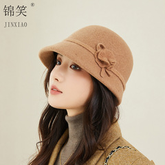 高品质花朵羊毛呢盆帽秋冬新款复古赫本风渔夫帽女气质优雅保暖帽