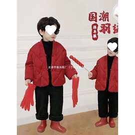 男童拜年服儿童秋冬外套女童轻薄羽绒棉服中小童宝宝红色过年衣服