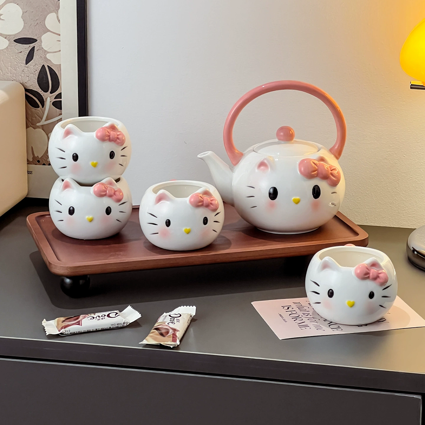 Hello Kitty, керамическая чайник, чайный набор, милая подарочная коробка, чайная чашка, котёнок, подарок на День рождения