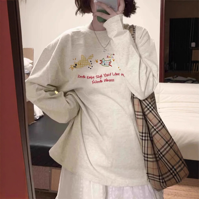 100%纯棉白色长袖t恤女新爆款设计感小众宽松慵懒风内搭打底衫潮|undefined