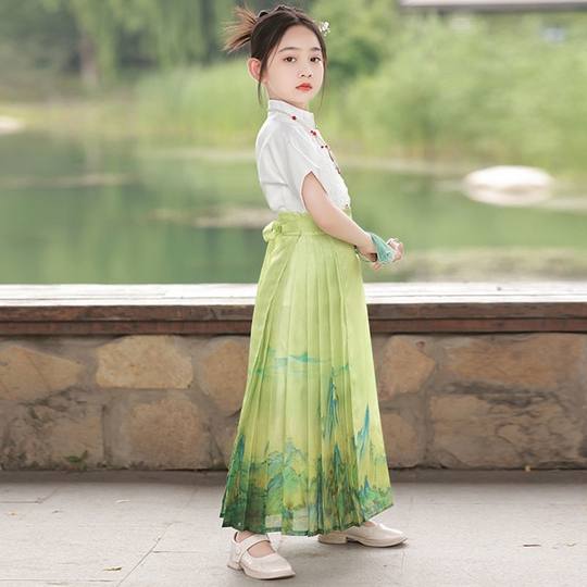 Girls' Traditional Style Half Skirt Chinese Style Summer Thin Set Mamian Skirt 2024 New Children's Ancient Costume Hanfu Tang Suit