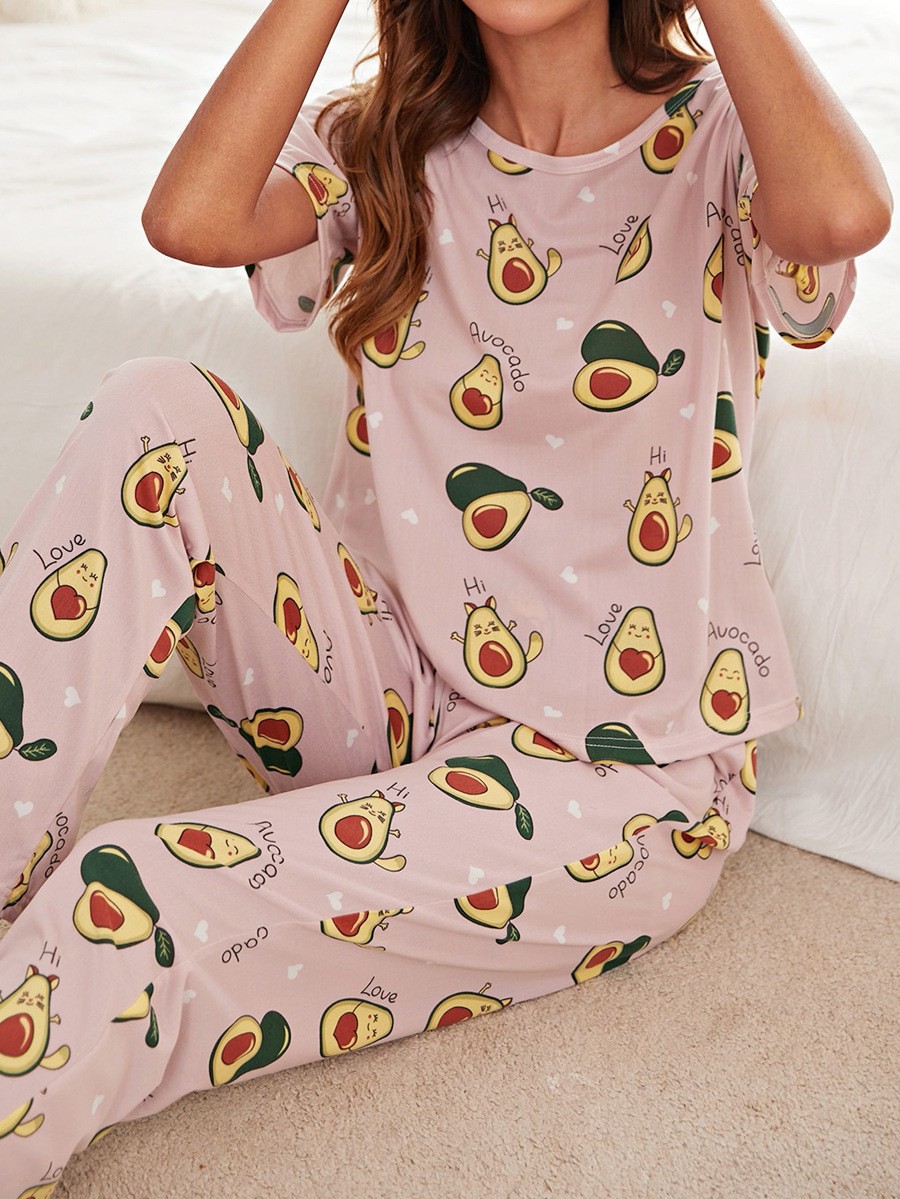 Home Women's Casual Avocado Polyester Milk Fiber Printing Pants Sets Pajama Sets display picture 1