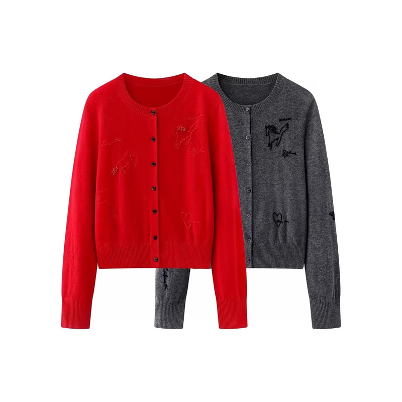 M*O Women's Knitted Cardigan, New Spring 2026 Collection, Year of the Horse Series, Cashmere Wool, Hand-Embroidered, Magpie Red M*O Women's Knitted Cardigan, New Spring 2026 Collection, Year of the Horse Series, Cashmere Wool, Hand-Embroidered, Magpie Red