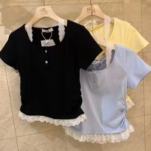 Rayon Pure Lust Style New Girl Lace Splicing Fake Two-Piece Short-Sleeved Slim Fit Versatile Top for Women