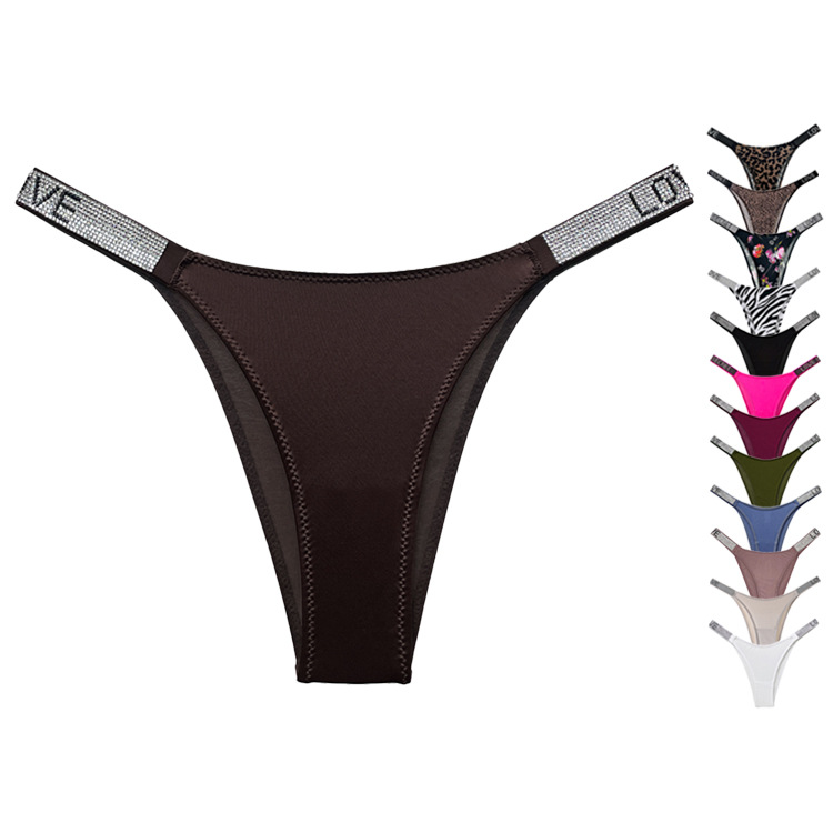 831V European and American Sexy Rhinestone Fitness Sports Hip Lifting Low Waist High Fork Bikini Half Hip t Pants for Women